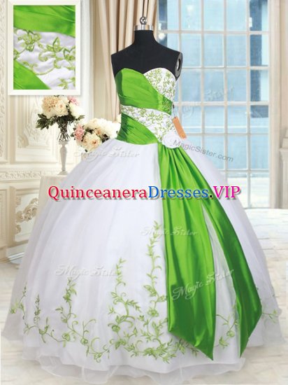 Sweetheart Sleeveless Quince Ball Gowns Floor Length Embroidery and Belt and Hand Made Flower White and Green Organza - Click Image to Close