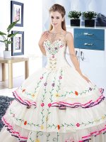 Smart Scoop Sleeveless Organza and Taffeta Floor Length Lace Up Sweet 16 Quinceanera Dress in White with Beading and Embroidery and Ruffled Layers(SKU SJQDDT871002BIZ)