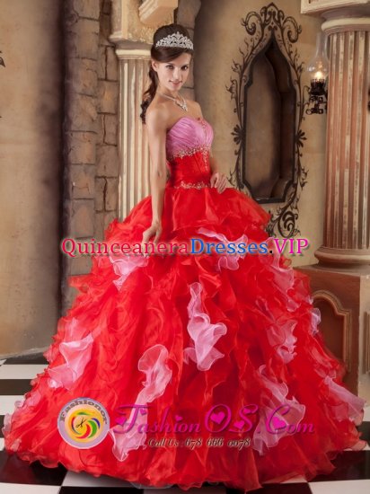 Macclesfield Cheshire Red Ball Gown Strapless Sweetheart Floor-length Organza Quinceanera Dress - Click Image to Close