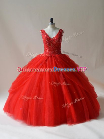 Glittering Red Sweet 16 Dresses Sweet 16 and Quinceanera with Beading V-neck Sleeveless Zipper - Click Image to Close