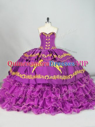 Purple Sleeveless Satin and Organza Brush Train Lace Up Quinceanera Dress for Sweet 16 and Quinceanera