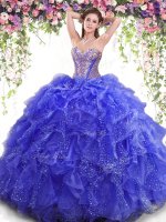 Suitable Blue Organza Lace Up 15 Quinceanera Dress Sleeveless Floor Length Beading and Ruffles