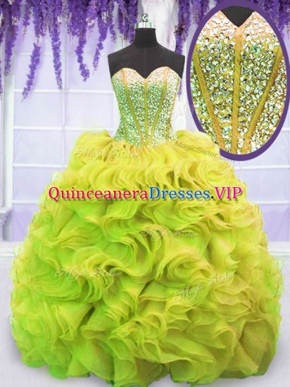 Yellow Green Sleeveless Organza Sweep Train Lace Up Quince Ball Gowns for Military Ball and Sweet 16 and Quinceanera - Click Image to Close