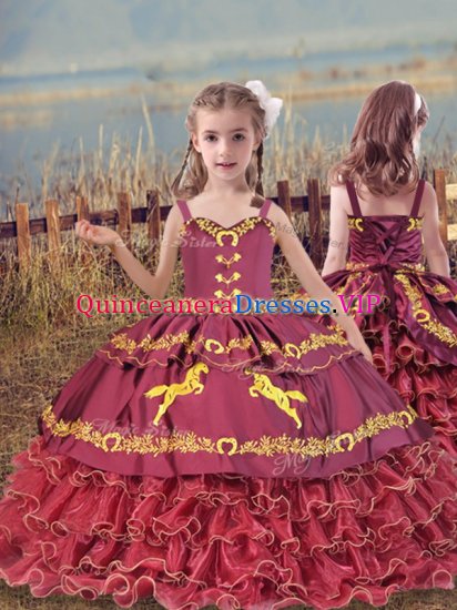 Graceful Wine Red Straps Neckline Beading and Embroidery and Ruffled Layers Kids Pageant Dress Sleeveless Lace Up - Click Image to Close