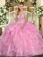 Captivating Floor Length Lace Up Quinceanera Gowns Rose Pink for Military Ball and Sweet 16 and Quinceanera with Appliques and Ruffles