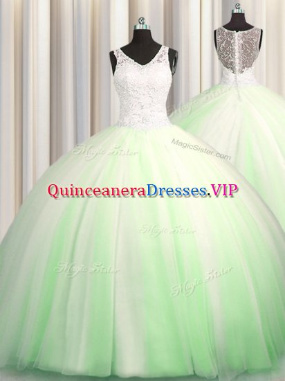 See Through Zipple Up Quinceanera Gowns Tulle Brush Train Sleeveless Beading and Appliques - Click Image to Close