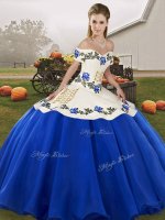 Blue And White Organza Lace Up Quince Ball Gowns Sleeveless Floor Length Embroidery and Ruffles