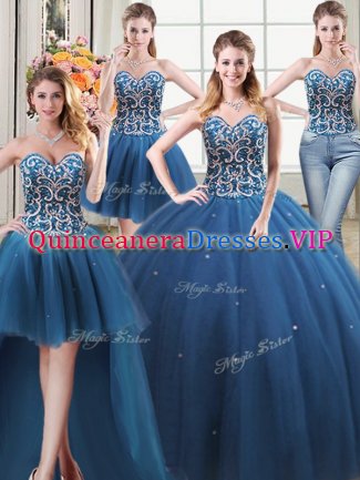 Custom Designed Four Piece Teal Sleeveless Floor Length Beading Lace Up Quinceanera Dress