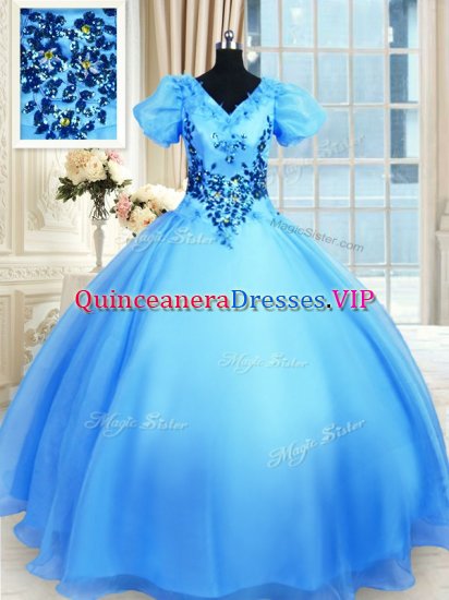 Best Baby Blue Ball Gowns V-neck Short Sleeves Organza Floor Length Lace Up Appliques 15th Birthday Dress - Click Image to Close