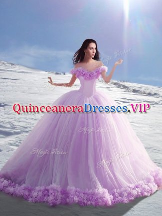 High Quality Lilac 15th Birthday Dress Off The Shoulder Cap Sleeves Court Train Lace Up