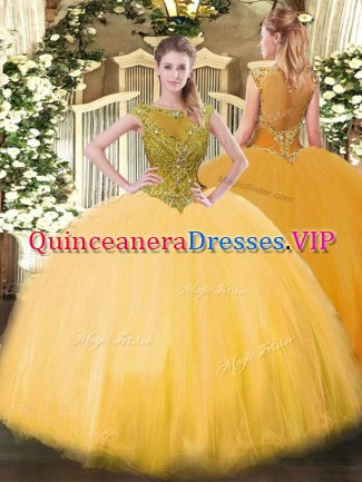 Vintage Gold Ball Gowns Tulle Scoop Sleeveless Beading Floor Length Zipper 15 Quinceanera Dress