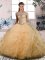 Floor Length Lace Up 15th Birthday Dress Gold for Sweet 16 and Quinceanera with Beading and Ruffles