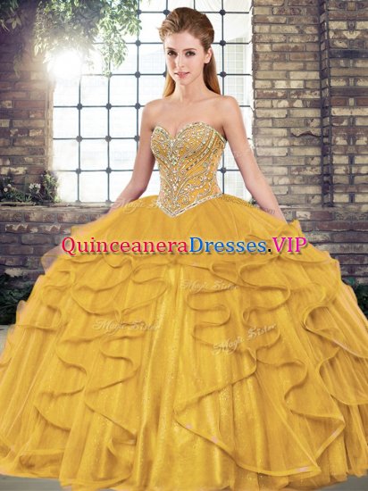 Fashionable Gold Tulle Lace Up Vestidos de Quinceanera Sleeveless Floor Length Beading and Ruffles - Click Image to Close