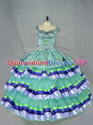 Apple Green Sleeveless Floor Length Embroidery and Ruffled Layers Lace Up Quinceanera Dresses