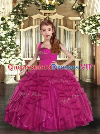 Best Fuchsia Winning Pageant Gowns Party and Wedding Party with Ruffles Straps Sleeveless Lace Up
