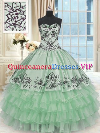 Excellent Sweetheart Sleeveless Quinceanera Dresses Floor Length Beading and Embroidery and Ruffled Layers Apple Green Organza and Taffeta
