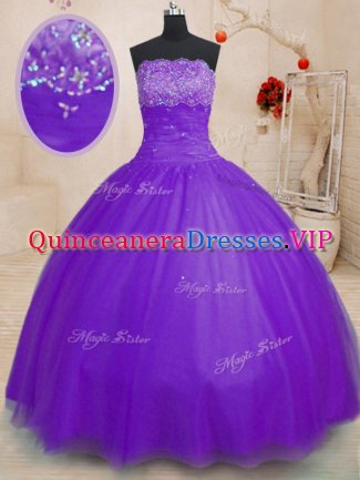 Beauteous Purple Sweet 16 Dresses Military Ball and Sweet 16 and Quinceanera with Beading Strapless Sleeveless Lace Up