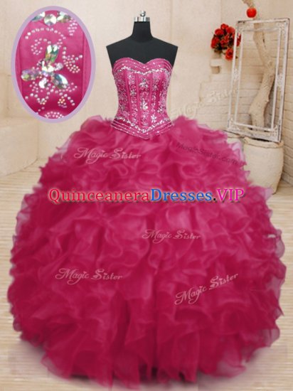 Enchanting Coral Red Ball Gowns Sweetheart Sleeveless Organza Floor Length Lace Up Beading and Ruffles Quinceanera Dress - Click Image to Close