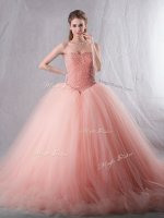 Smart Peach Ball Gowns Sweetheart Sleeveless Tulle With Brush Train Lace Up Beading Sweet 16 Dress(SKU YCQD0111BIZ)