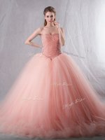 Smart Peach Ball Gowns Sweetheart Sleeveless Tulle With Brush Train Lace Up Beading Sweet 16 Dress
