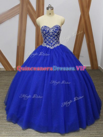 Best Floor Length Lace Up Sweet 16 Dresses Royal Blue for Military Ball and Sweet 16 and Quinceanera with Beading - Click Image to Close