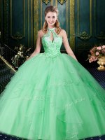 On Sale Apple Green Ball Gowns Halter Top Sleeveless Tulle Floor Length Lace Up Beading and Lace and Ruffles and Ruching Quinceanera Dresses(SKU SJQDDT947002-1BIZ)