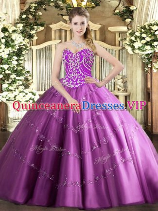 Sophisticated Lilac Ball Gowns Sweetheart Sleeveless Tulle Floor Length Lace Up Beading and Appliques Vestidos de Quinceanera