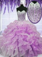Floor Length Zipper Quinceanera Gowns Lilac for Military Ball and Sweet 16 and Quinceanera with Beading and Ruffles