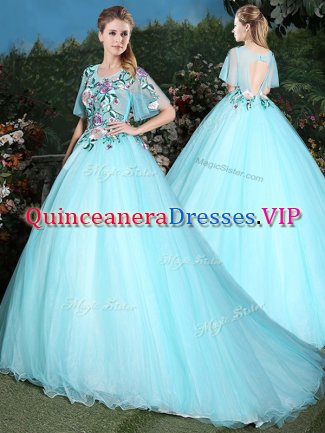 Scoop Half Sleeves Tulle 15 Quinceanera Dress Appliques Brush Train Lace Up