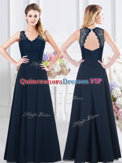On Sale Navy Blue V-neck Backless Lace and Ruching Vestidos de Damas Sleeveless - Click Image to Close
