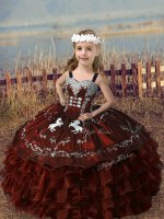 Rust Red Little Girls Pageant Dress Wholesale Wedding Party with Embroidery and Ruffled Layers Straps Sleeveless Lace Up