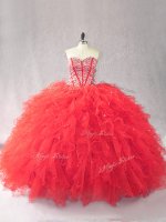 Captivating Red Ball Gowns Tulle Sweetheart Sleeveless Beading and Ruffles Floor Length Lace Up Sweet 16 Dresses