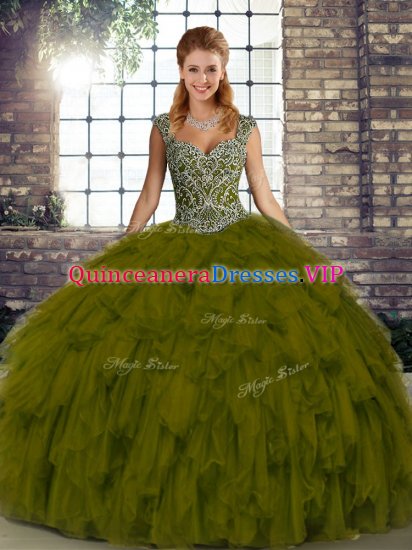 Romantic Straps Sleeveless Lace Up Sweet 16 Dresses Olive Green Organza - Click Image to Close