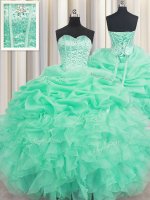 Apple Green Organza Lace Up 15th Birthday Dress Sleeveless Floor Length Beading and Ruffles and Pick Ups