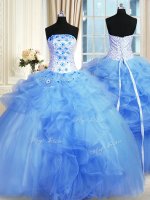 Blue Strapless Lace Up Pick Ups and Hand Made Flower Casual Dresses Sleeveless(SKU PSSW0354-2BIZ)