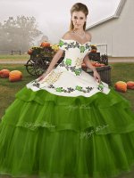 Attractive Sleeveless Embroidery and Ruffled Layers Lace Up 15th Birthday Dress with Olive Green Brush Train