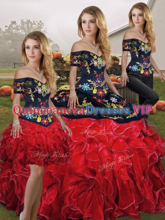Three Pieces Quinceanera Gown Red And Black Off The Shoulder Organza Sleeveless Floor Length Lace Up