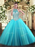 Ideal Aqua Blue Sleeveless Beading Floor Length Quince Ball Gowns(SKU SJQDDT1050002-1BIZ)