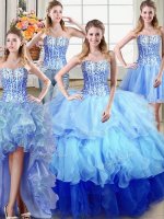 High Quality Four Piece Floor Length Multi-color Quinceanera Gown Organza Sleeveless Ruffles and Sequins