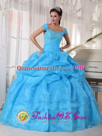 Taffeta and Organza Layers Sky Blue Off The Shoulder Quinceanera Dress With Deaded Bodice In Penrith NSW - Click Image to Close