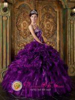 Durant Oklahoma/OK Pretty Eggplant Purple Appliques and Ruffles Decorate Bodice Quinceanera Dress For Strapless Organza Ball Gown