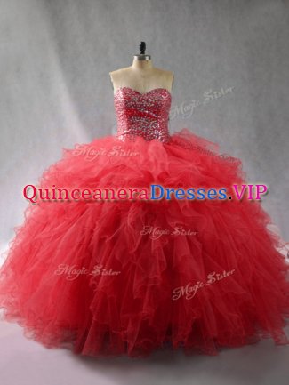 Noble Beading and Ruffles Sweet 16 Dress Wine Red Lace Up Sleeveless Floor Length