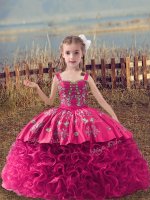 Hot Pink Ball Gowns Fabric With Rolling Flowers Straps Sleeveless Embroidery Lace Up Little Girls Pageant Gowns Sweep Train