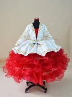 White And Red Lace Up Sweetheart Embroidery and Ruffles Girls Pageant Dresses Organza Sleeveless