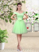 Elegant Apple Green Quinceanera Court Dresses Prom and Party with Lace and Belt V-neck Cap Sleeves Lace Up