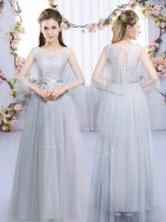 Ideal Lace and Belt Court Dresses for Sweet 16 Grey Lace Up Sleeveless Floor Length