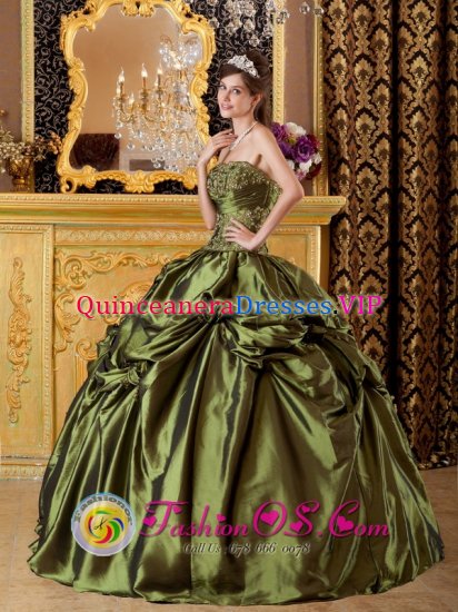 Perranporth Cornwall Brand New Olive Green Quinceanera Dress Clearrance With Taffeta Appliques And Pick-ups Decorate - Click Image to Close