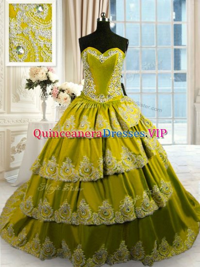 Beading and Appliques and Ruffled Layers Ball Gown Prom Dress Olive Green Lace Up Sleeveless With Train Court Train - Click Image to Close