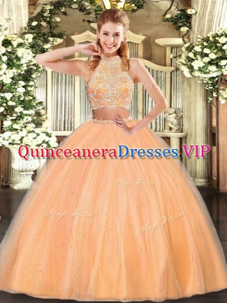 Colorful Orange Red Two Pieces Beading 15 Quinceanera Dress Criss Cross Tulle Sleeveless Floor Length