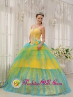 Cerdanyola Spain Beading and Ruch Brand New Yellow and Blue Quinceanera Dress For Winter Strapless Tulle Popular Ball Gown